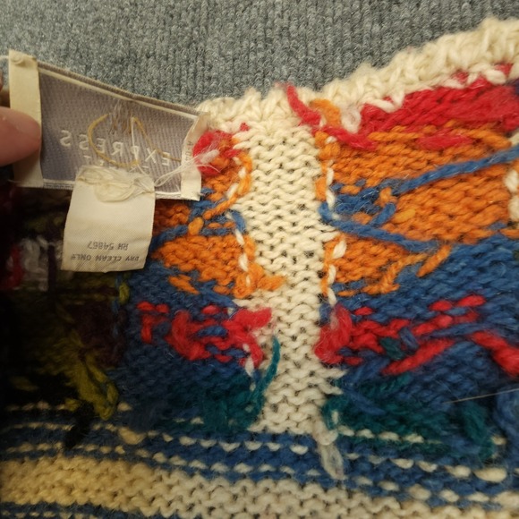 Vintage Express Tricot Cardigan Womens M/L Patchwork Wool Chunky Hand Knit READ - Picture 6 of 12